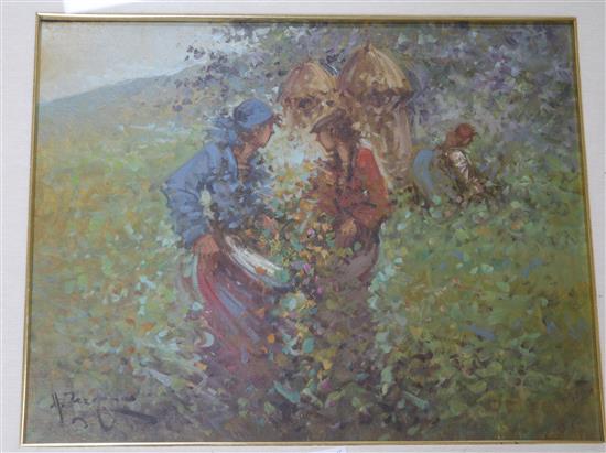 20th century Continental School, two oils on canvas, Flower sellers and Figures working in a field, 38.5 x 48.5cm and 28.5 x 38.5cm